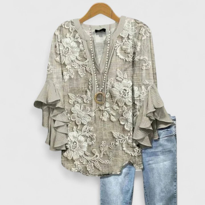 Floral Print Blouse with V-Neck and Tiered Ruffle Sleeves