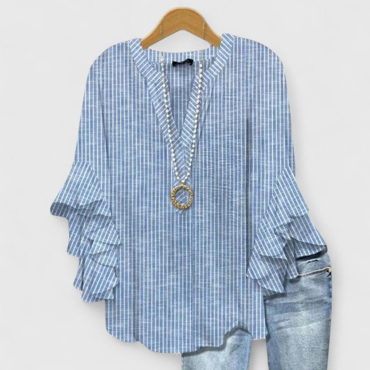 Floral Print Blouse with V-Neck and Tiered Ruffle Sleeves