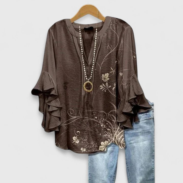 Floral Print Blouse with V-Neck and Tiered Ruffle Sleeves