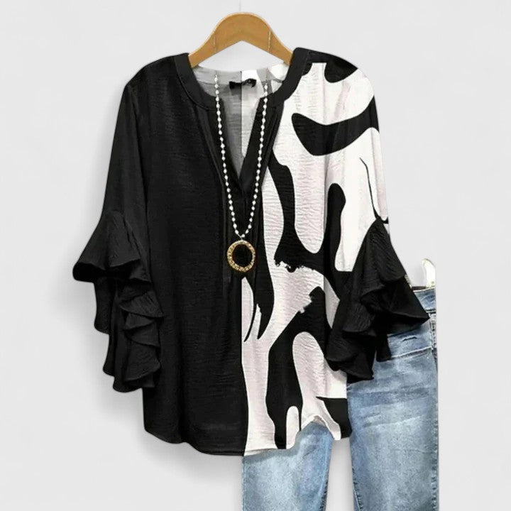 Floral Print Blouse with V-Neck and Tiered Ruffle Sleeves