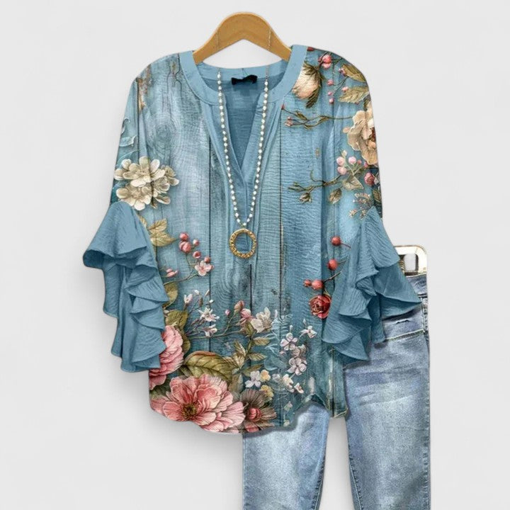 Floral Print Blouse with V-Neck and Tiered Ruffle Sleeves