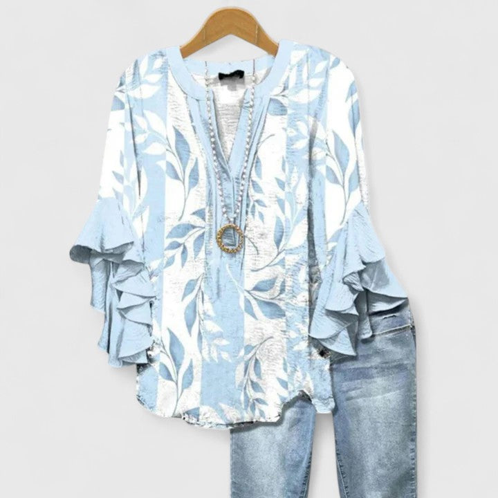 Floral Print Blouse with V-Neck and Tiered Ruffle Sleeves