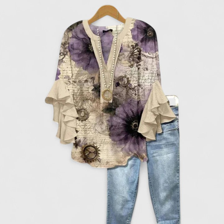 Floral Print Blouse with V-Neck and Tiered Ruffle Sleeves
