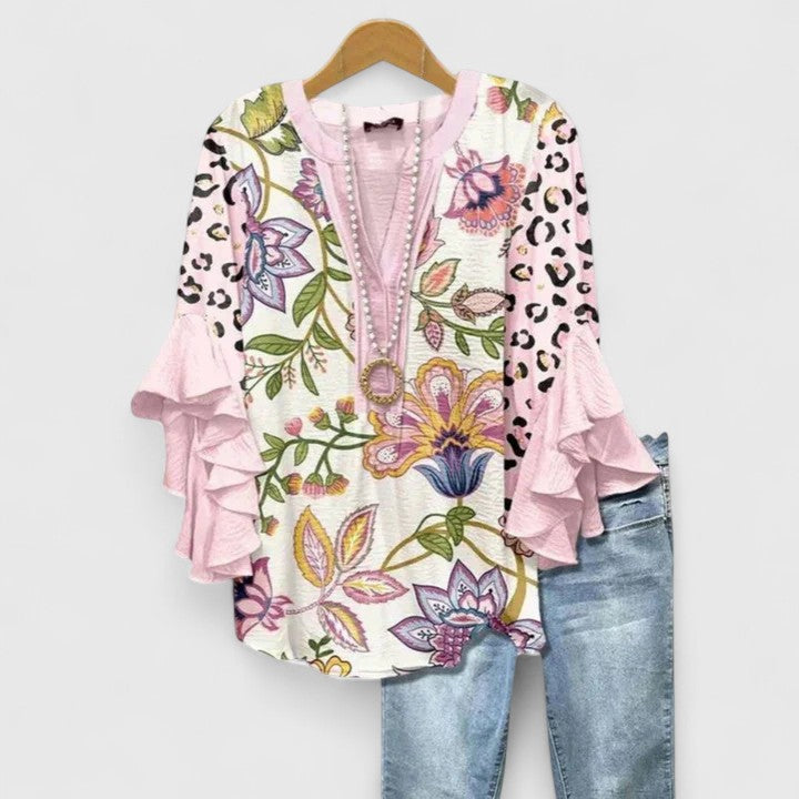 Floral Print Blouse with V-Neck and Tiered Ruffle Sleeves