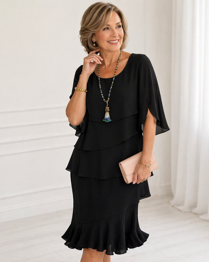 A-Line Midi Dress with Split Sleeves and Layered Ruffles, Round Neckline