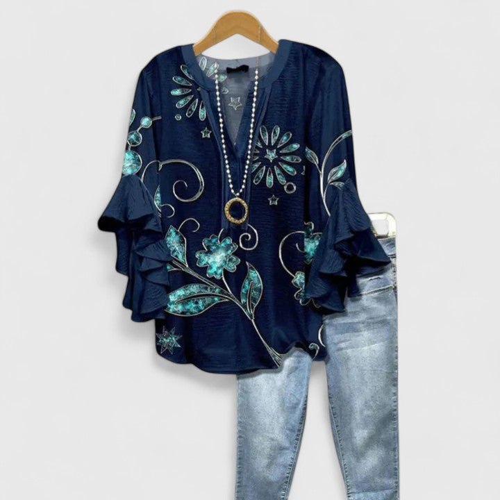 Floral Print Blouse with V-Neck and Tiered Ruffle Sleeves