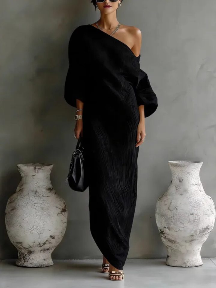One-Shoulder Maxi Dress with Asymmetric Neckline and Full-Length Sleeve