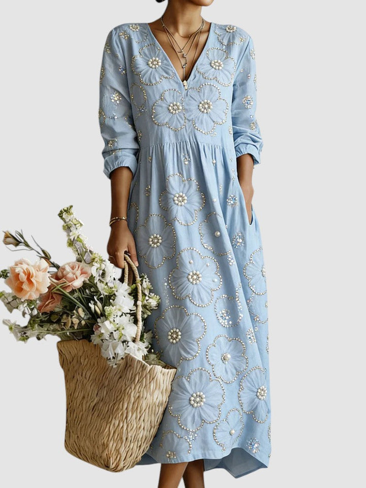 Cotton Blend Floral Midi Dress with V-Neckline and Full-Length Sleeves