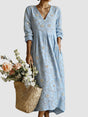 Cotton Blend Floral Midi Dress with V-Neckline and Full-Length Sleeves