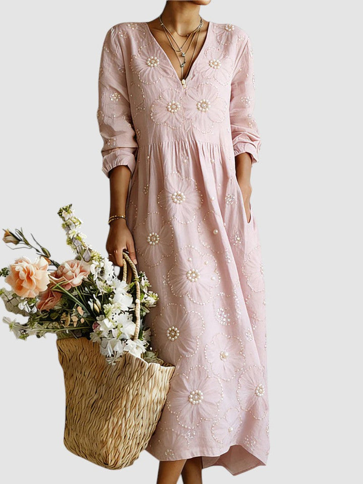 Cotton Blend Floral Midi Dress with V-Neckline and Full-Length Sleeves