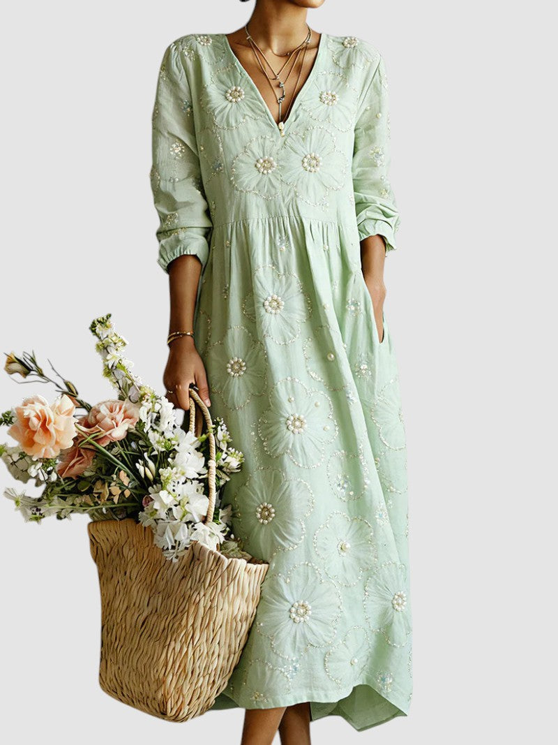 Cotton Blend Floral Midi Dress with V-Neckline and Full-Length Sleeves