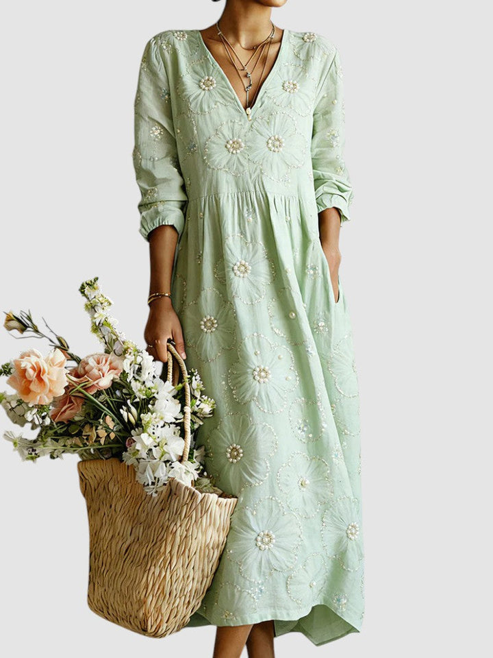 Cotton Blend Floral Midi Dress with V-Neckline and Full-Length Sleeves