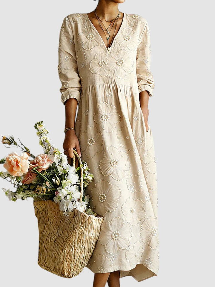 Cotton Blend Floral Midi Dress with V-Neckline and Full-Length Sleeves