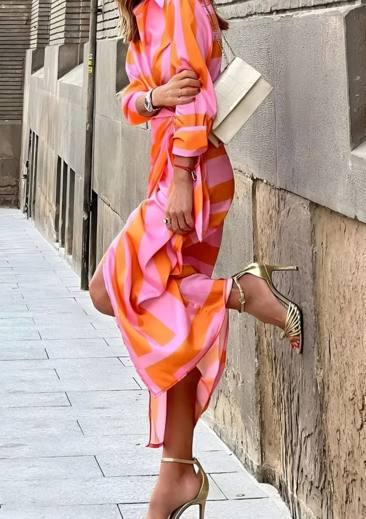Wrap Dress with Patterned Textile and Adjustable Closure