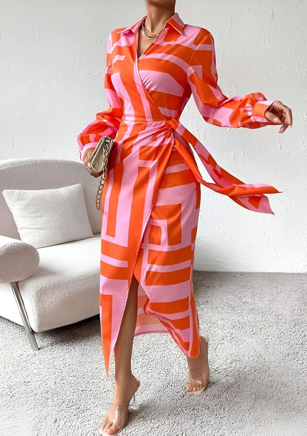 Wrap Dress with Patterned Textile and Adjustable Closure