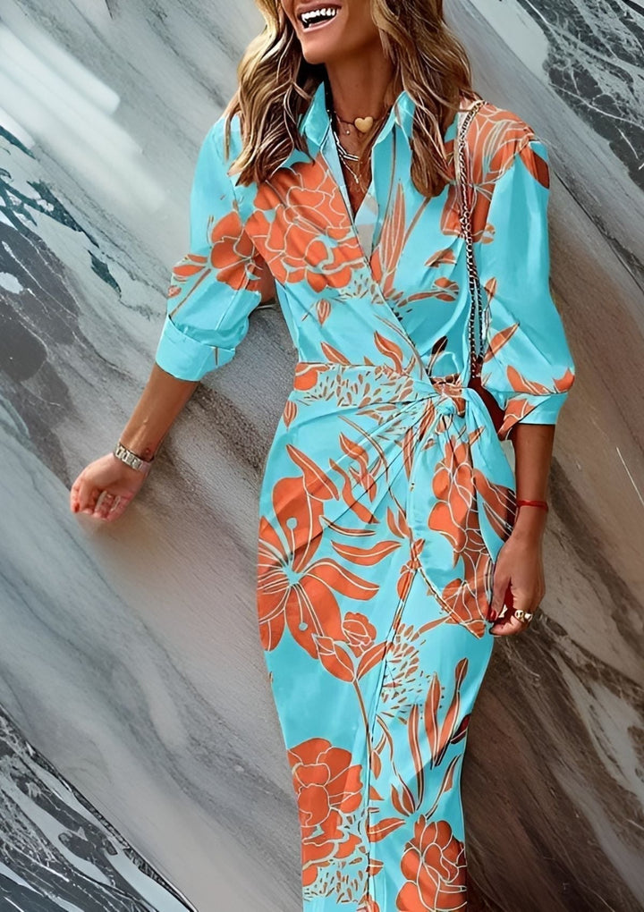 Wrap Dress with Patterned Textile and Adjustable Closure