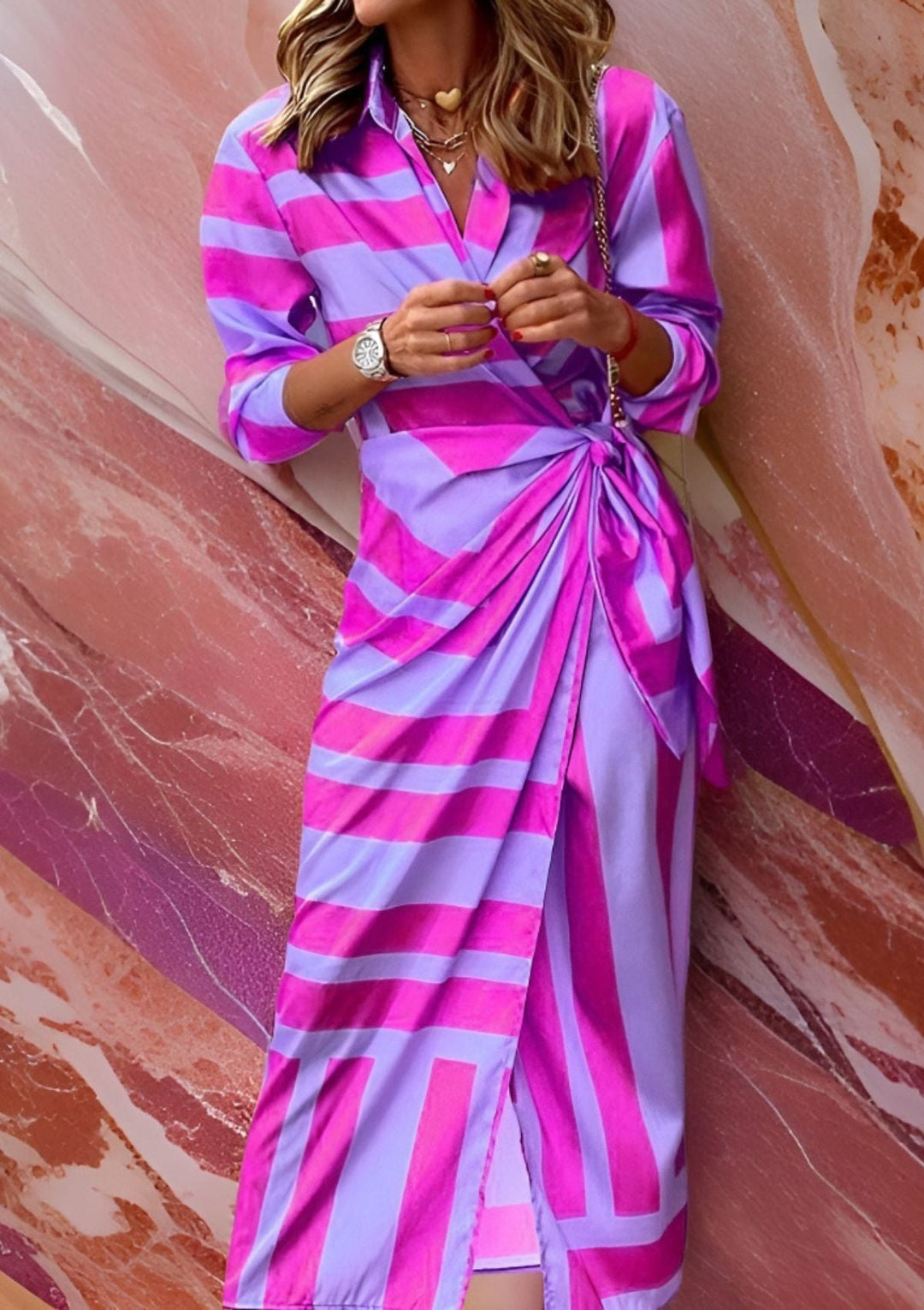 Wrap Dress with Patterned Textile and Adjustable Closure