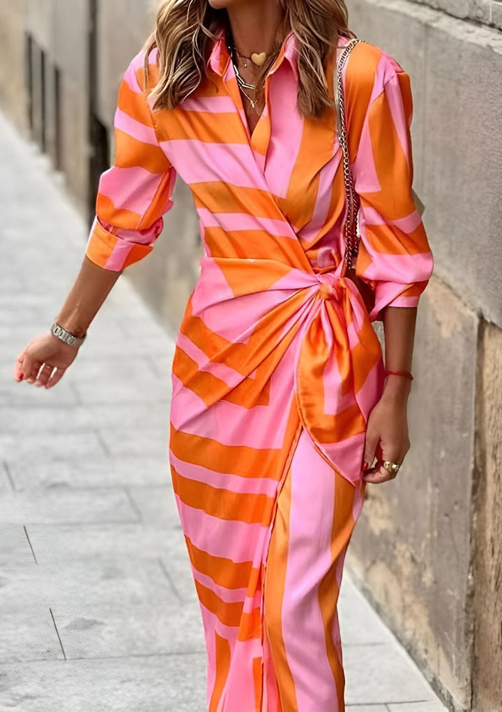 Printed Wrap Shirt Dress with Cinched Waist and Collar Detail