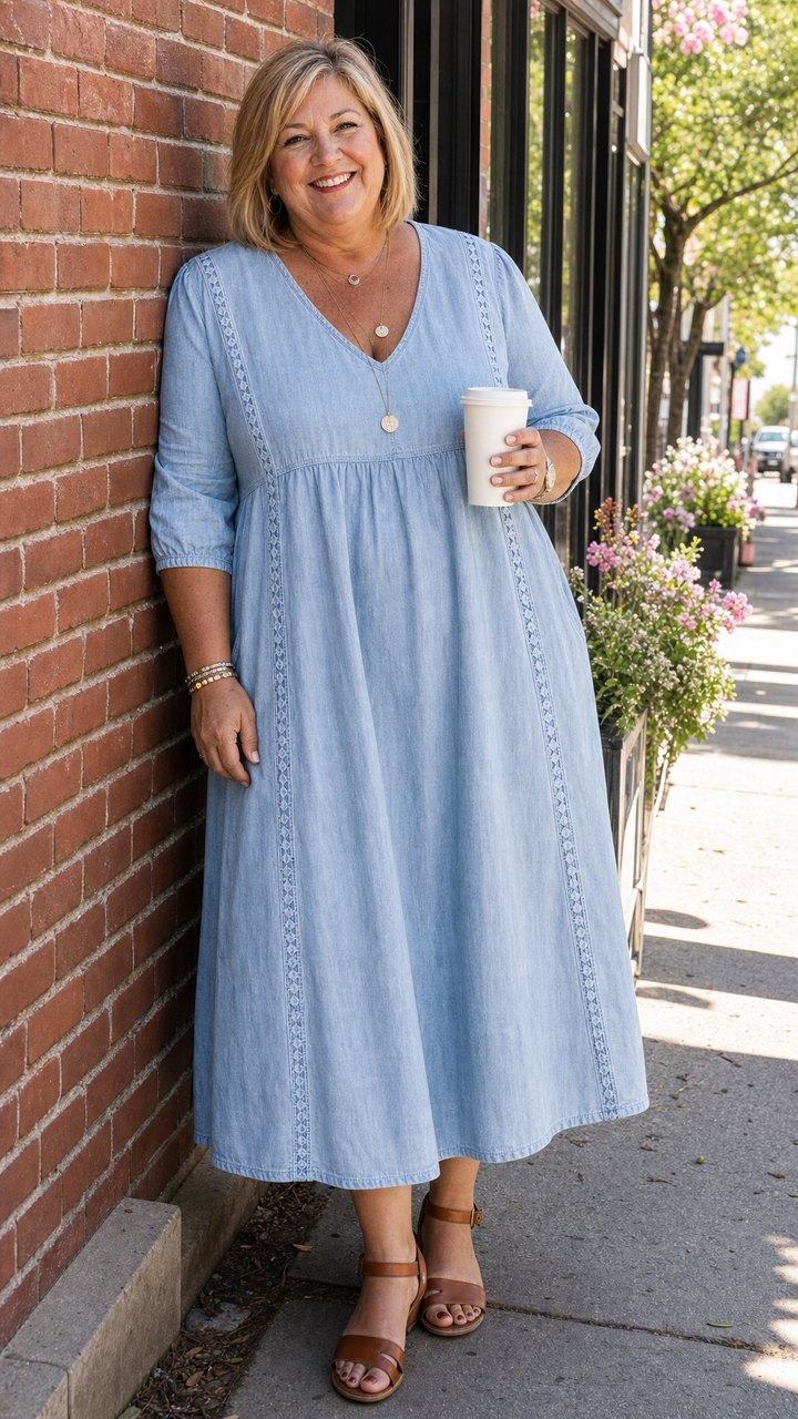 Cotton Linen Maxi Dress with Lace Trim and Patch Pockets, Patchwork Design