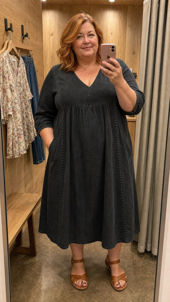 Cotton Linen Maxi Dress with Lace Trim and Patch Pockets, Patchwork Design