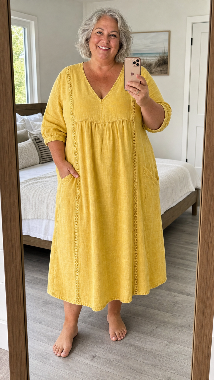 Cotton Linen Maxi Dress with Lace Trim and Patch Pockets, Patchwork Design