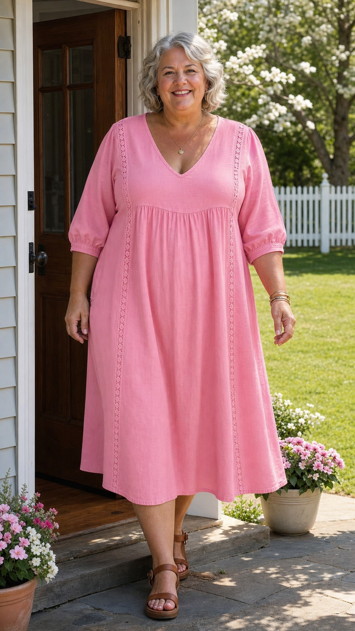Cotton Linen Maxi Dress with Lace Trim and Patch Pockets, Patchwork Design