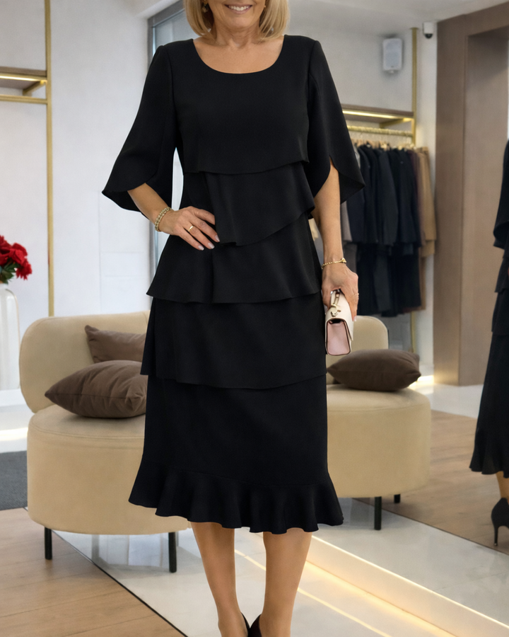 A-Line Tiered Ruffle Dress with Short Sleeves and Rounded Neckline