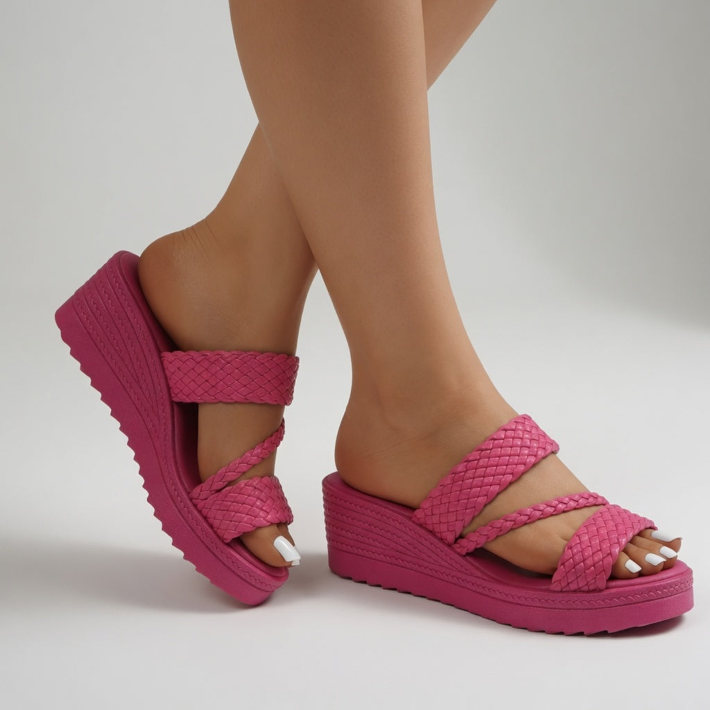 Woven Wedge Mule with Open-Toe Design and Slip-On Access, Multiple Colors