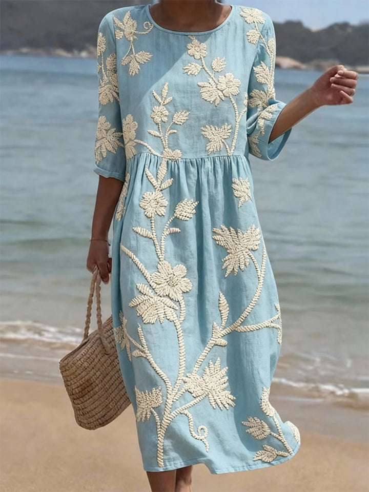 Vintage Floral Embroidered Dress with Breathable Fabric and Relaxed Silhouette