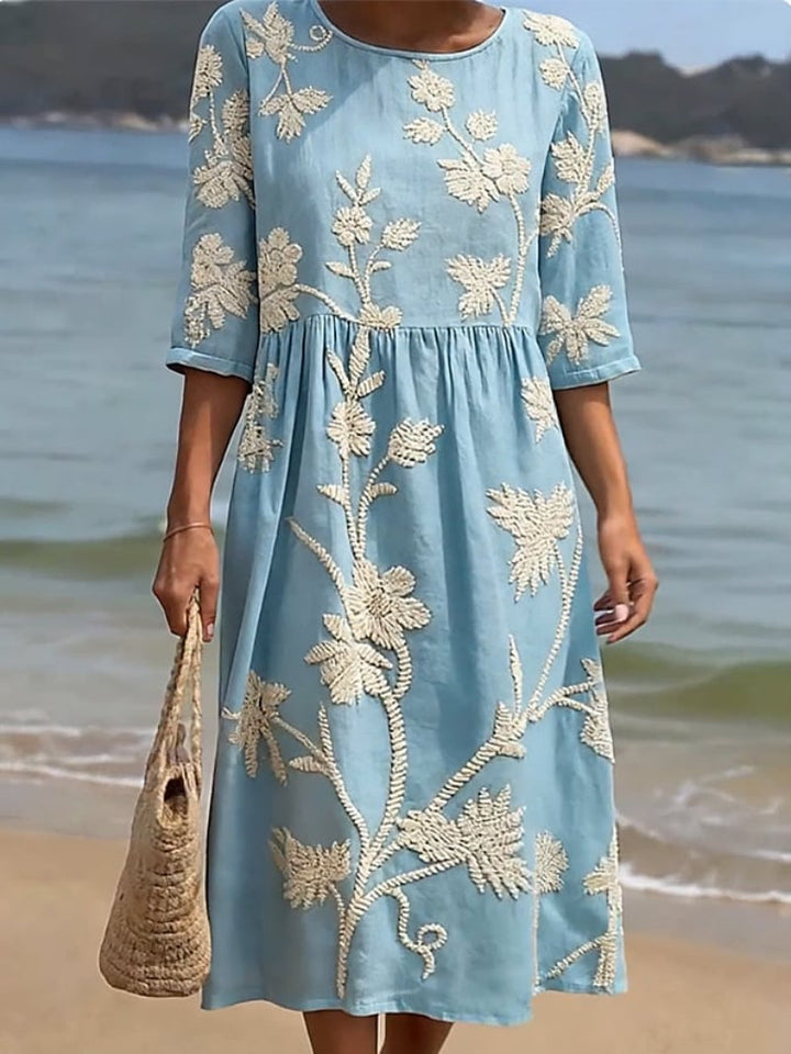 Vintage Floral Embroidered Dress with Breathable Fabric and Relaxed Silhouette