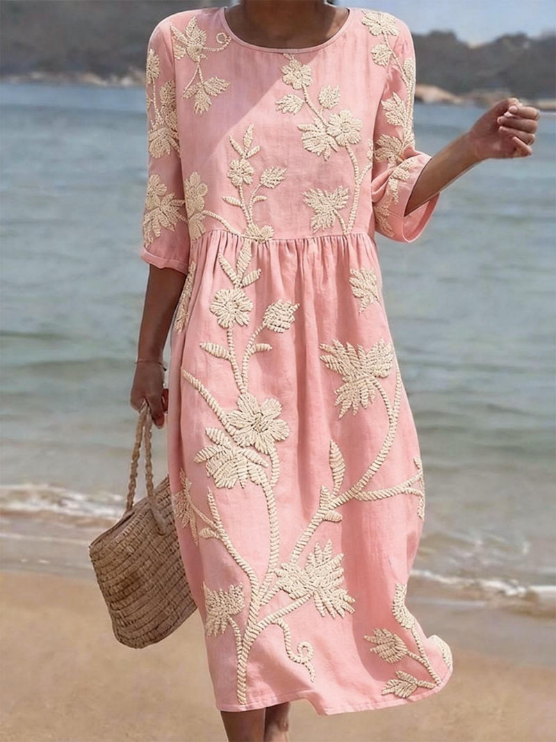 Vintage Floral Embroidered Dress with Breathable Fabric and Relaxed Silhouette