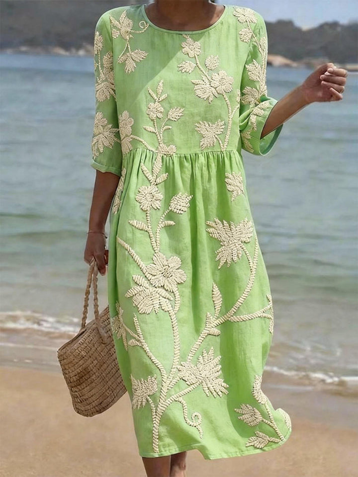 Vintage Floral Embroidered Dress with Breathable Fabric and Relaxed Silhouette