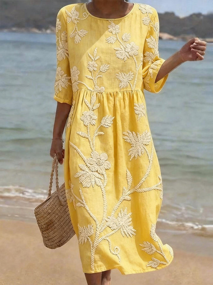 Vintage Floral Embroidered Dress with Breathable Fabric and Relaxed Silhouette