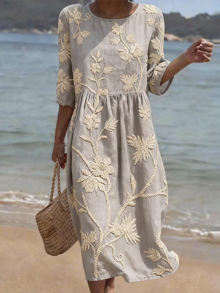 Vintage Floral Embroidered Dress with Breathable Fabric and Relaxed Silhouette