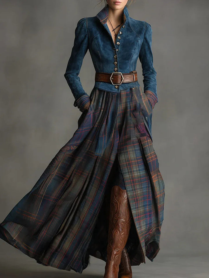 Long Plaid Dress with Synthetic Microsuede and Relaxed Fit