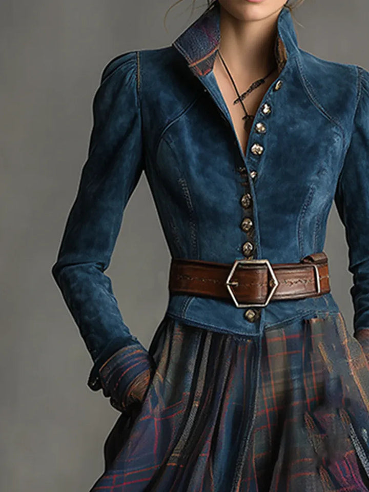 Long Plaid Dress with Synthetic Microsuede and Relaxed Fit