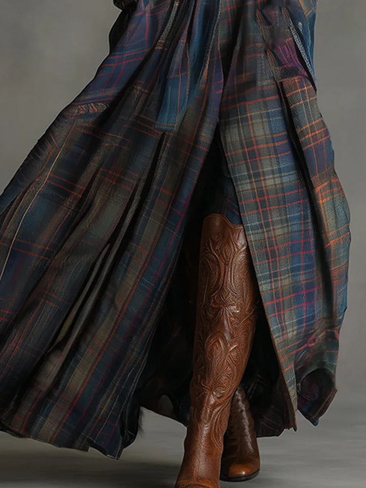 Long Plaid Dress with Synthetic Microsuede and Relaxed Fit