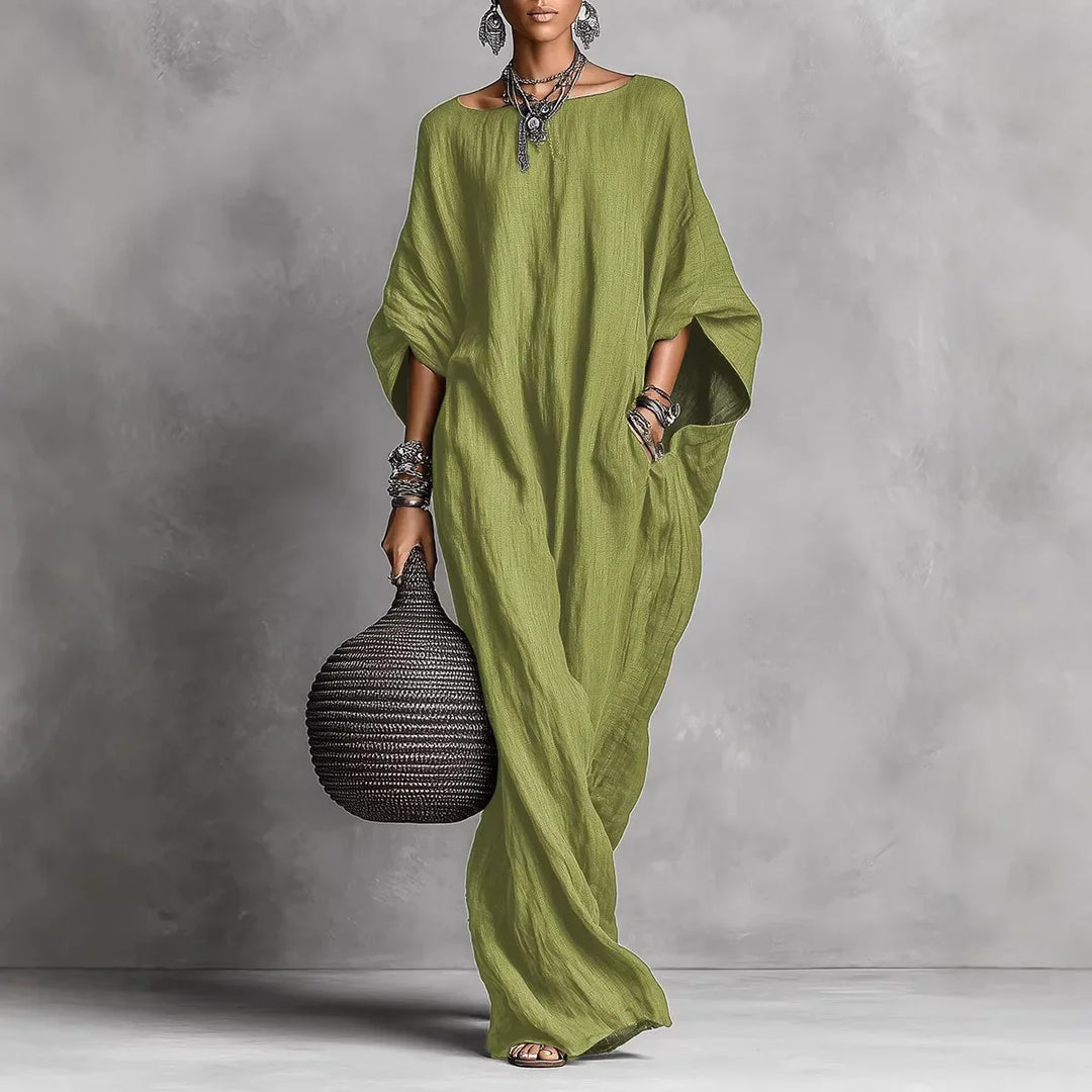 Oversized Linen Maxi Dress with Batwing Sleeves and Breathable Fabric