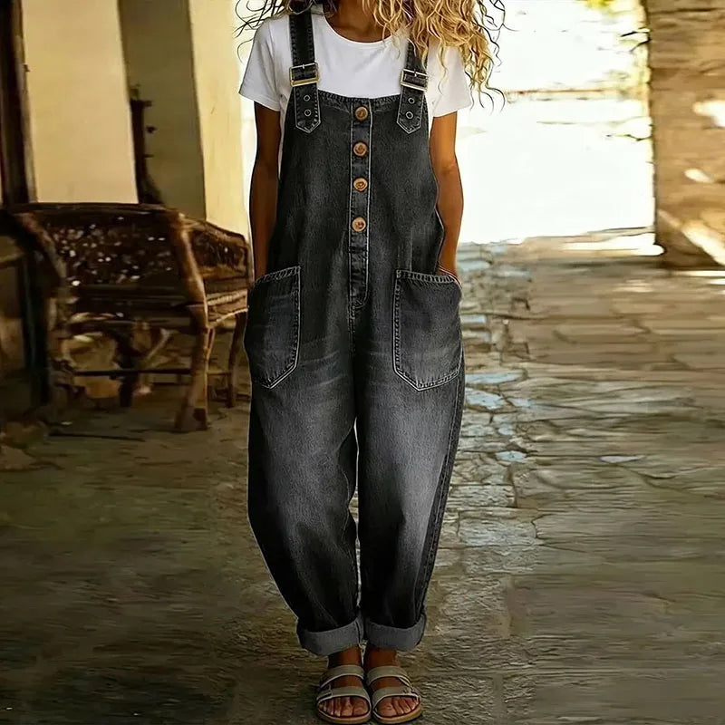 Wide-Leg Overalls with Adjustable Straps and Vintage Denim Aesthetic