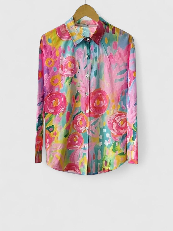 Women's Button-Up Blouse with Artistic Print and Relaxed Fit