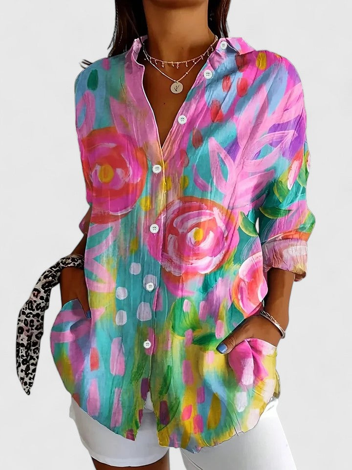 Women's Button-Up Blouse with Artistic Print and Relaxed Fit