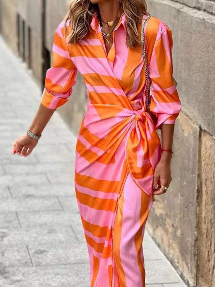 Striped Midi Shirt Dress with Button Front and Breathable Fabric