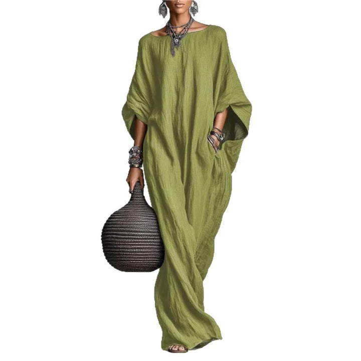 Oversized Linen Maxi Dress with Batwing Sleeves and Breathable Fabric