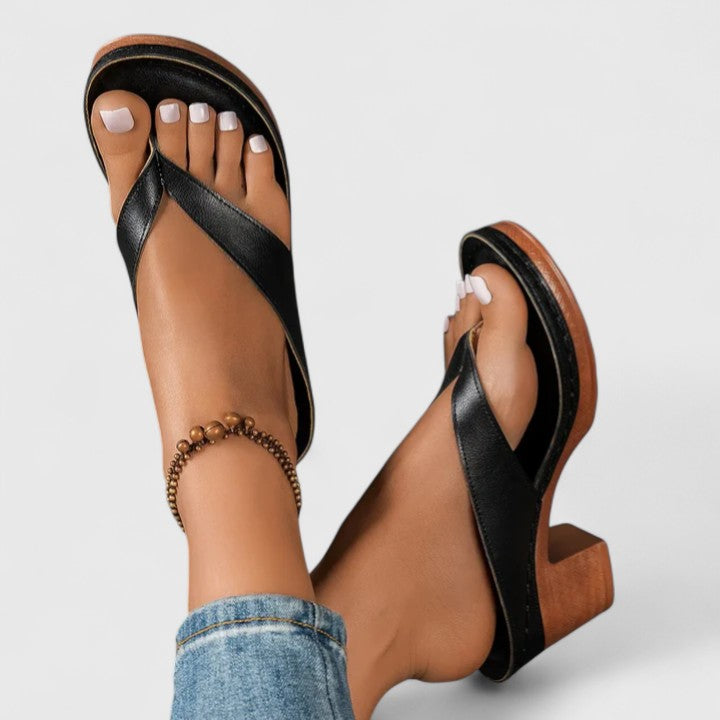 Thong-Style Block Heel with Contoured Footbed and Wood-Grain Sole