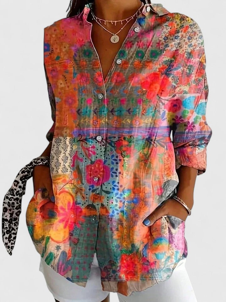 Women's Button-Up Blouse with Artistic Print and Relaxed Fit
