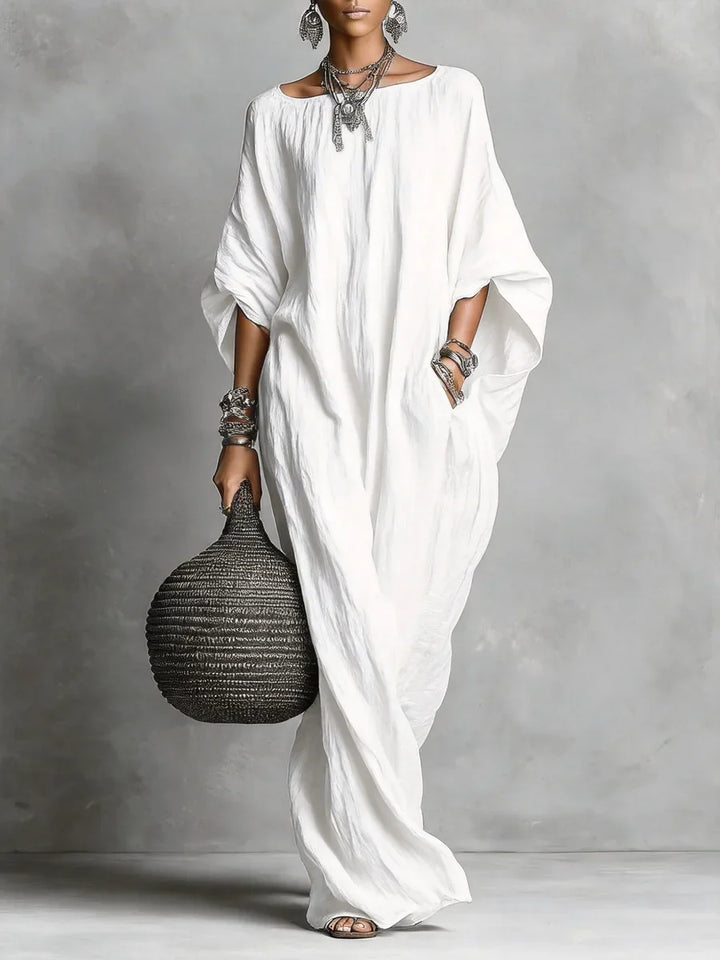 Oversized Linen Maxi Dress with Batwing Sleeves and Breathable Fabric