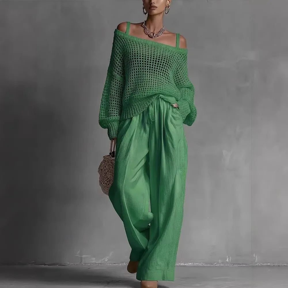 Off-Shoulder Top with Wide-Leg Trousers, Textured Fabric Two-Piece Set
