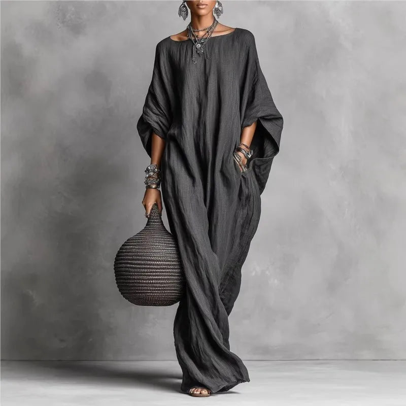 Oversized Linen Maxi Dress with Batwing Sleeves and Breathable Fabric