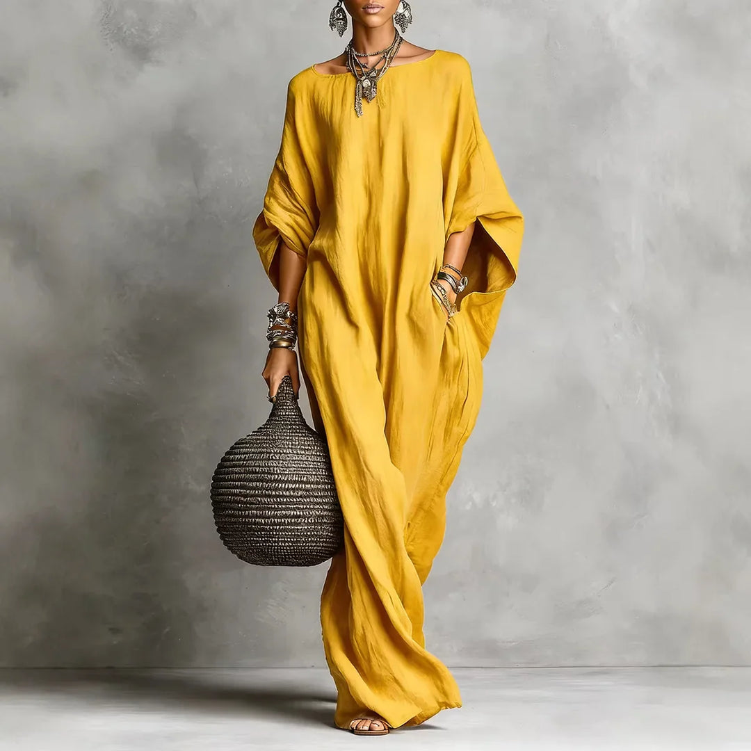 Oversized Linen Maxi Dress with Batwing Sleeves and Breathable Fabric