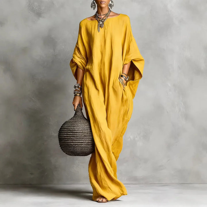 Oversized Linen Maxi Dress with Batwing Sleeves and Breathable Fabric